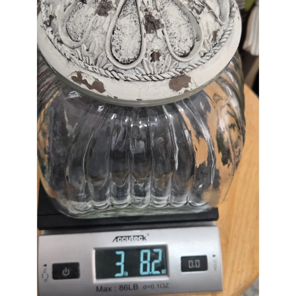 Ribbed Clear Glass Canister With White‎ Song Bird Chippy Paint Lid Cookie Jar